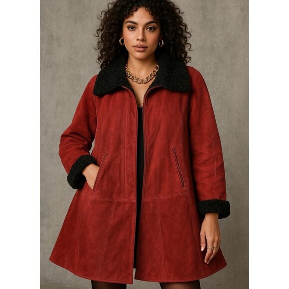 Vintage Red Suede Coat with Black Fur Trim Women’s Winter Jacket Size 40 - Picture 1 of 16